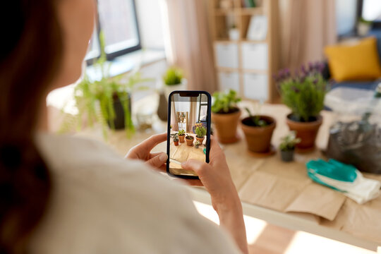 people, gardening and housework concept - close up of woman with smartphone photographing pot flowers at home