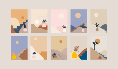 landscapes minimal mid-century vector illustration set