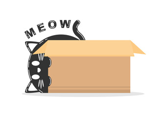 Cute black cat playing with cardboard box gift cartoon character flat vector design.