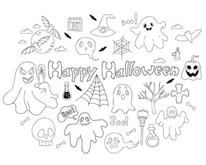 Magic doodle collection Happy Halloween. Cute ghost and spook with candle, jack pumpkin, bat and skull, grave and witch hat and magical potions. Vector linear hand drawn doodle. Isolated elements.