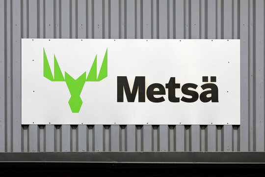 Mets&auml; Group Logo on Wall at Kyr&ouml; Sawmill, Finland. 