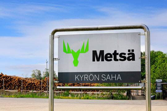 Logo of Finnish Mets&auml; Group, a forest industry group that operates in international market. Kyr&ouml; Sawmill, Kyr&ouml;, Finland. 2022.