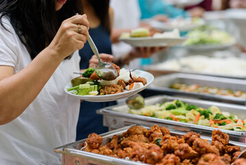 buffet food, catering food party at restaurant, mini canapes, snacks and appetizers
