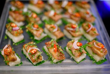 buffet food, catering food party at restaurant, mini canapes, snacks and appetizers
