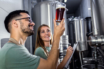 Man and woman working in craft brewery examining quality of the beer.