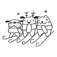 Dog, cat, reindeer on skis. Outline vector illustration on white background. 