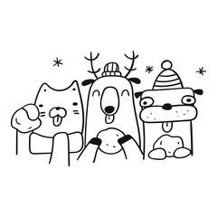 Cat, dog and reindeer holds snowballs. Funny outline vector illustration on white background.