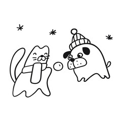 Dog and cat playing snowball. Outline vector illustration on white background.