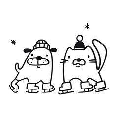 Cat and dog ice skating. Outline vector illustration.