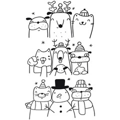 Set of outline illustrations. Cat, dog, reindeer, snowman. Friendship. Christmas concept. Vector outline illustration on white background. 