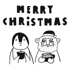 Merry Christmas. Santa Claus and penguin. Outline vector illustration on white background. 
