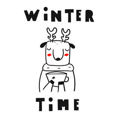 Winter time. Reindeer drink coffee. Hand drawn outline illustration.