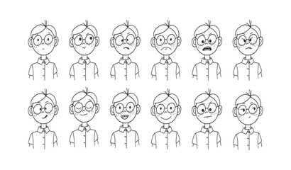 A set of drawings of a cartoon man in glasses with different emotions on his face. Doodle style