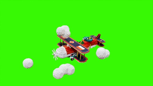 3D illustration of a plane passing through the clouds using voxel art style. on a green screen background.