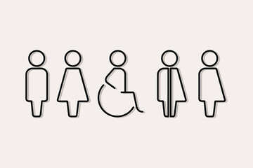 Vector linear icons of navigation, toilet. Signs on the door. Icons for the airport, office, cafe. Gender and physical differences.