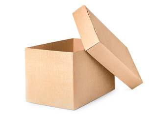 one open cardboard box with a lid, isolated on a white background