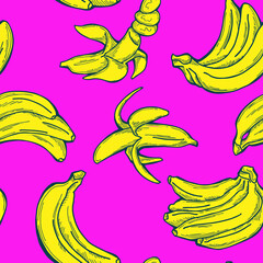 Banana vector pattern for wallpaper, wrapping paper, textile fabric print, fruit shop. Summer holiday, healthy food, vegan eating, exotic nature theme. Decorative colourful background. Hand drawing.