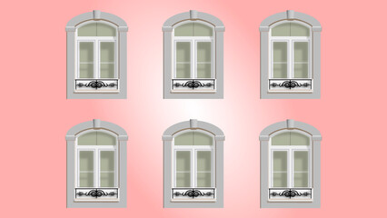 Obraz premium Windows on pastel pink background with white vignette in the center. Concept in pastel shades