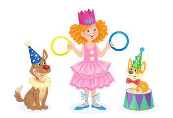 Obraz premium Cute little girl in carnival costume with two trained dogs. In cartoon style. Isolated on white background. Vector illustration.