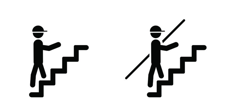 Ladder descending, ascending. Arrow stairs climbing. Go down, up. to exit. Person, stickman, stick figure man. Downstair op upstairs logo. Cartoon steps. man going up.
