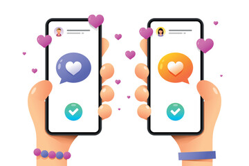 Smartphone mockup in human hand. Female and male love messaging. Perfect match. Vector colorful love in web