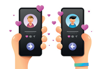 Smartphone mockup in human hand. Male and male couple. Perfect match. Vector colorful love in web