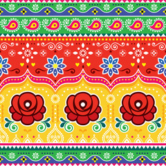 Colorful repetitive Diwali background inspired by traditional lorry and rickshaw painted decorations with flowers and swirls. Popular decor in Pakistan and India 
  - obrazy, fototapety, plakaty