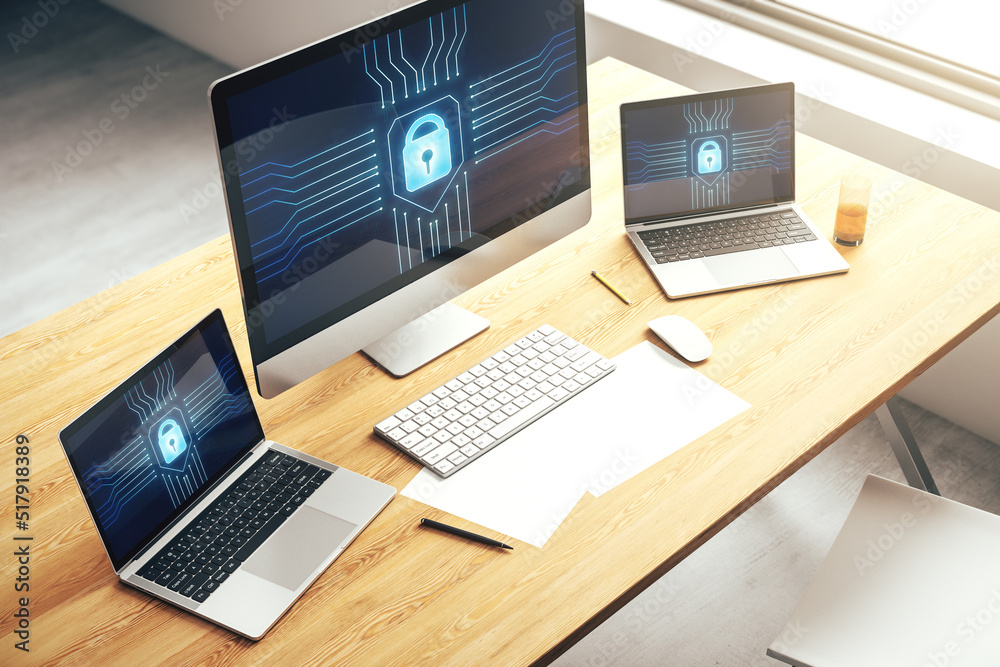 Aufkleber Creative lock sketch with chip hologram on modern computer monitor, protection of personal data concept. 3D Rendering