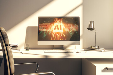 Creative artificial Intelligence symbol concept on modern laptop screen. 3D Rendering