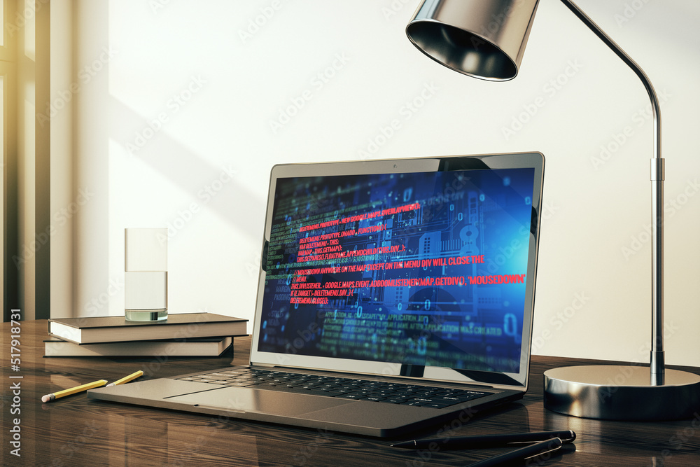 Poster modern computer screen with abstract graphic coding sketch, big data and networking concept. 3d rend
