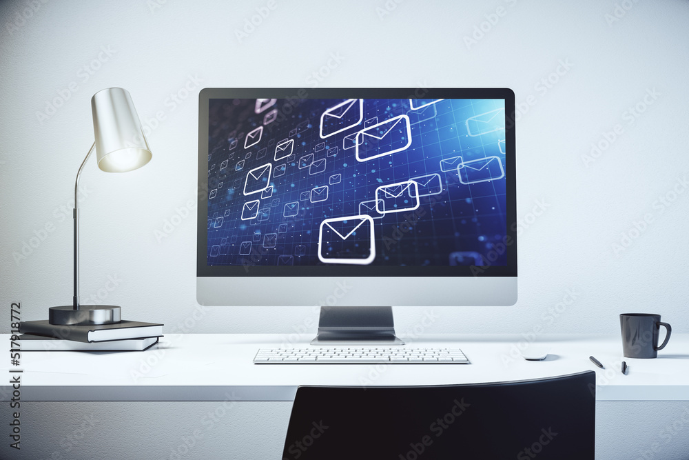 Poster Creative abstract postal envelopes hologram on modern computer monitor, email and notification concept. 3D Rendering