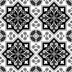 Lisbon Azulejo tile seamless vector pattern in black and white, Portuguese retro design with geometric tiles
Print
