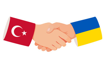 Handshake of Turkey and Ukraine. Symbol of military help and economic support. Vector icon for meeting and talks between Turkish and Ukrainian leaders. Two hands with sleeves are decorated with flags