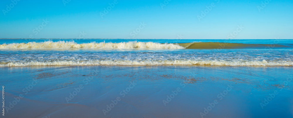 Poster sunlit waves and a wooden breakwater on the yellow sand of a sunny beach along a sea under a blue cl - Posters
