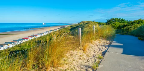 Papier Peint photo autocollant Mer du Nord, Pays-Bas Dunes herbeuses vertes le long d& 39 une plage de sable et d& 39 une mer sous un ciel bleu en plein soleil en été, Walcheren, Zélande, Pays-Bas, juillet 2022
