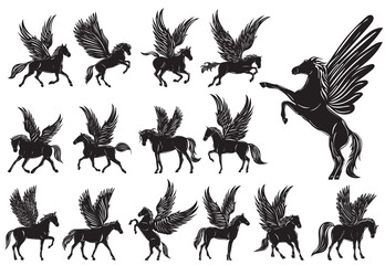 winged pegasus black silhouette set isolated, vector