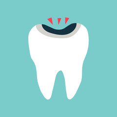 Sore tooth with black tooth decay. Isolated clipart in doodle, cartoon, flat style on blue background