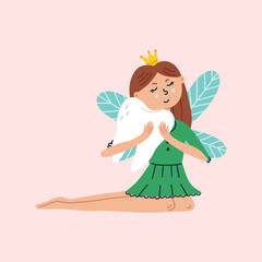 Tooth fairy hugs the tooth. Magic Fantasy Character Design in isolated clipart in doodle, cartoon, flat style on pink background