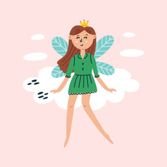 Tooth fairy sits on white cloud. Magic Fantasy Character Design in isolated clipart in doodle, cartoon, flat style on pink background