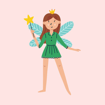 recommend clip art: Tooth Fairy with Magic Wand. Magic Fantasy Character Design in isolated clipart in doodle, cartoon, flat style on pink background