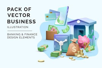 Set of 3D banking and finance icons. Render business objects in realistic cartoon style. Investment and success design element