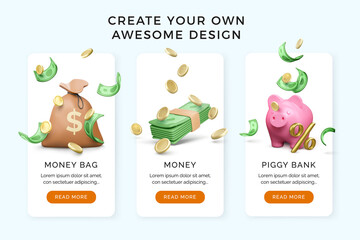 3D Money bag with falling gold coins and paper currency. Green wad of dollars and piggy bank with percent sign. Investment and business banner or template