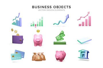 3D Business icons set. Chart growth with arrows symbol, wallet and piggy bank, wad of paper currency and credit card, money bag and mobile phone