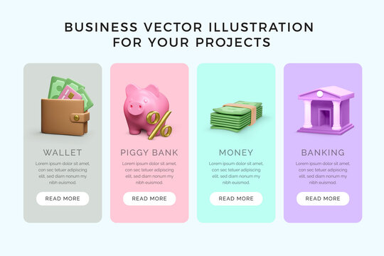 Business 3D objects for banners. Wallet with cash, piggy bang with percentage sign, wad of money and bank building icon