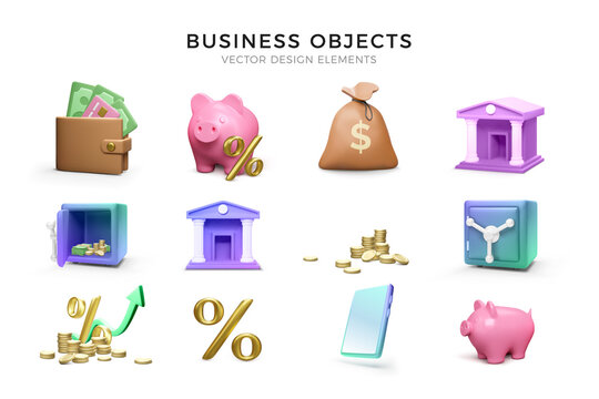 3D render business icons set. Wallet and piggy bank with gold percent, stack of coins and strong box, money bag and mobile phone