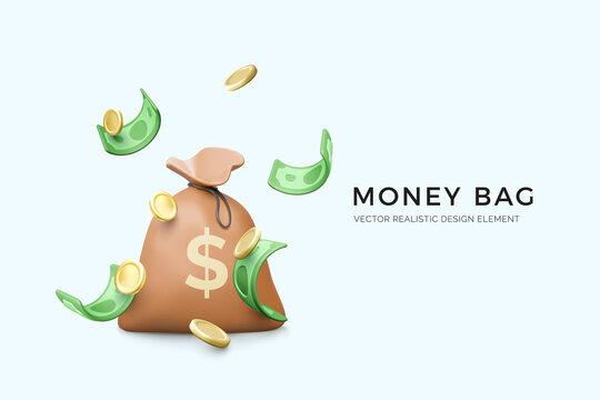 3D money bag with dollar sign and falling green paper currency and gold coins. Banking and finance business banner