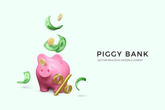 Pink piggy bank with gold percentage sign and golden coins paper currency. Investment and business. Saving money in bank account with good interest rate