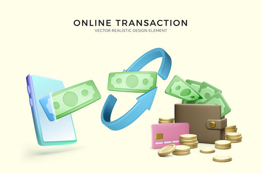 Online service money transaction business banner. Mobile phone with arrows template and transfer paper currency into wallet