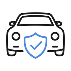 Auto safety concept. Car insurance policy. Linear car with shield. Outline Vector illustration