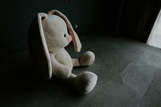 Toy bunny sitting next to window. Loneliness concept. International missing children day